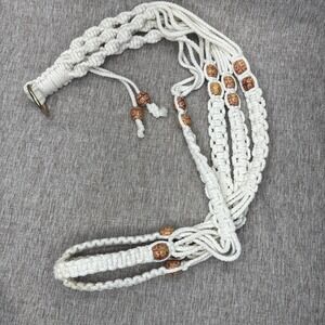 Vintage Macrame Plant Hanger Cream Cotton Floral Wooden Beads Boho Retro 70s
